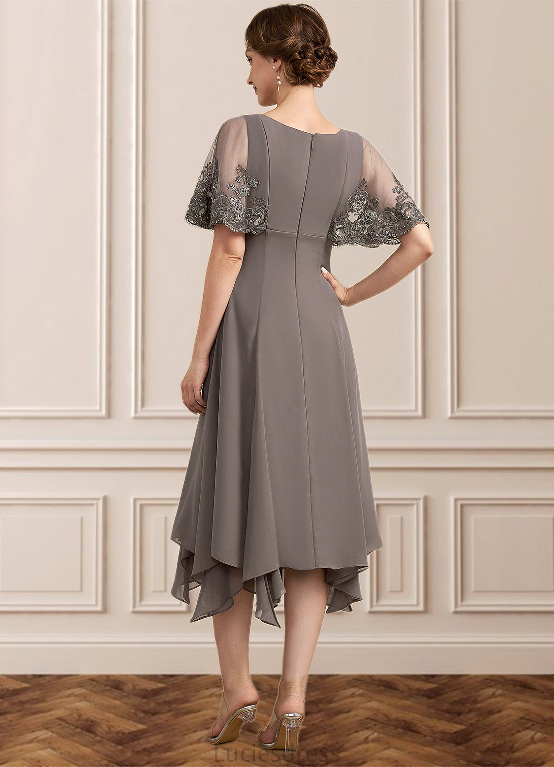 Gwendolyn A-Line V-neck Tea-Length Chiffon Lace Mother of the Bride Dress With Beading Sequins HF126P0014852