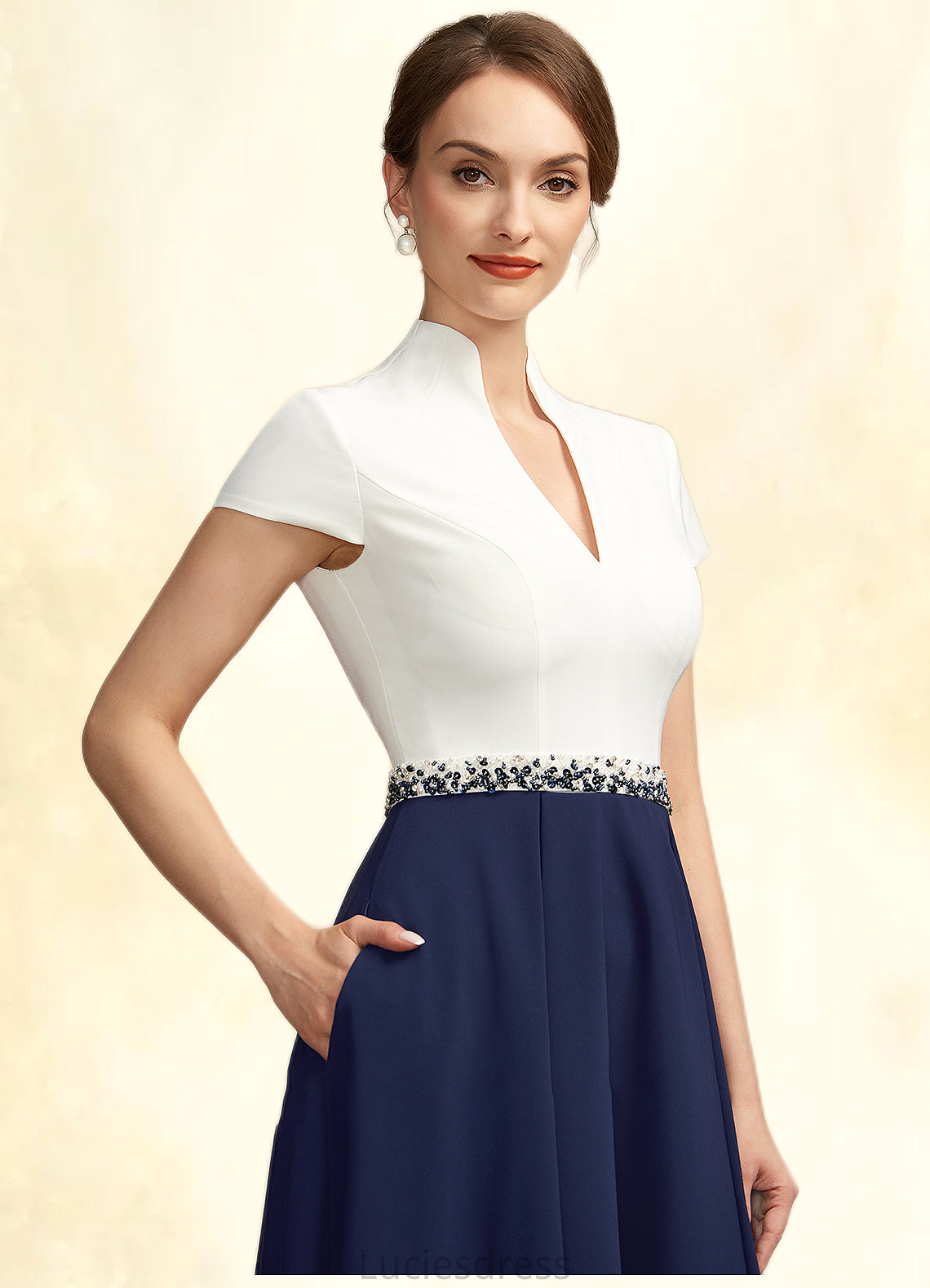 Jazlyn A-Line V-neck Tea-Length Stretch Crepe Mother of the Bride Dress With Beading Sequins Pockets HF126P0014854