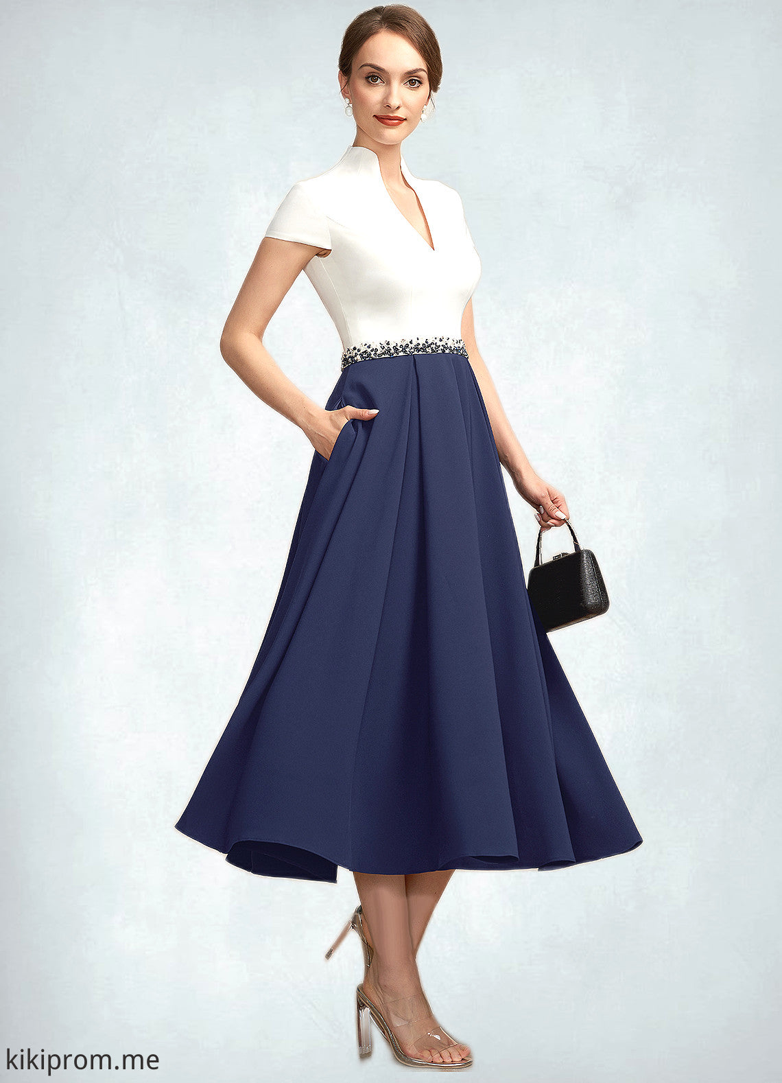 Sadie A-Line V-neck Tea-Length Stretch Crepe Mother of the Bride Dress With Beading Sequins Pockets STF126P0014854