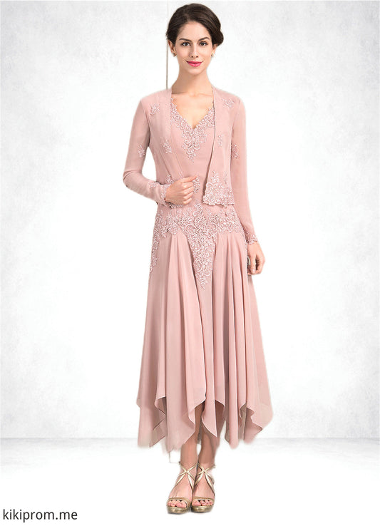 Aurora A-Line V-neck Ankle-Length Chiffon Mother of the Bride Dress With Appliques Lace Sequins STF126P0014855