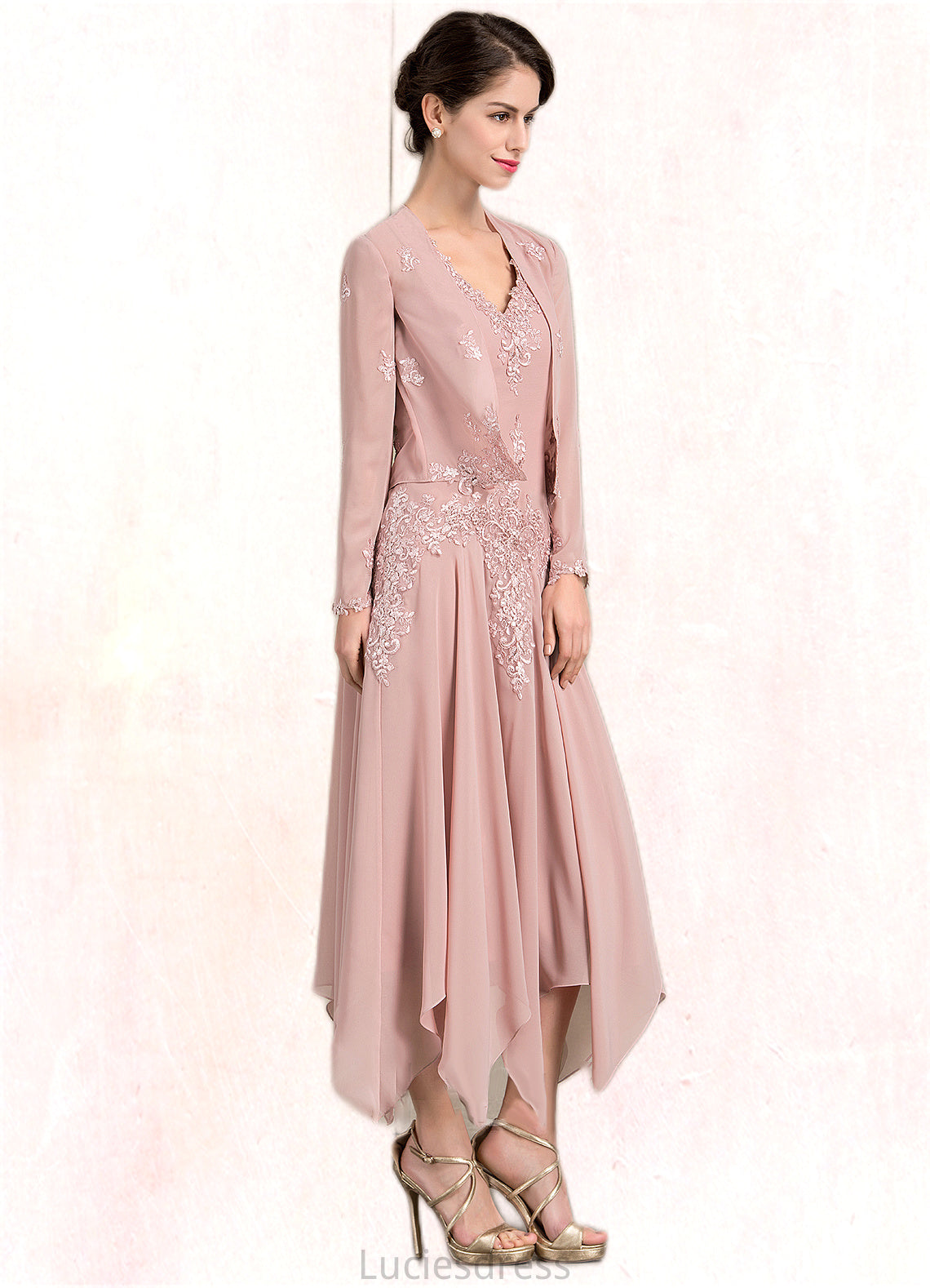 Cassidy A-Line V-neck Ankle-Length Chiffon Mother of the Bride Dress With Appliques Lace Sequins HF126P0014855