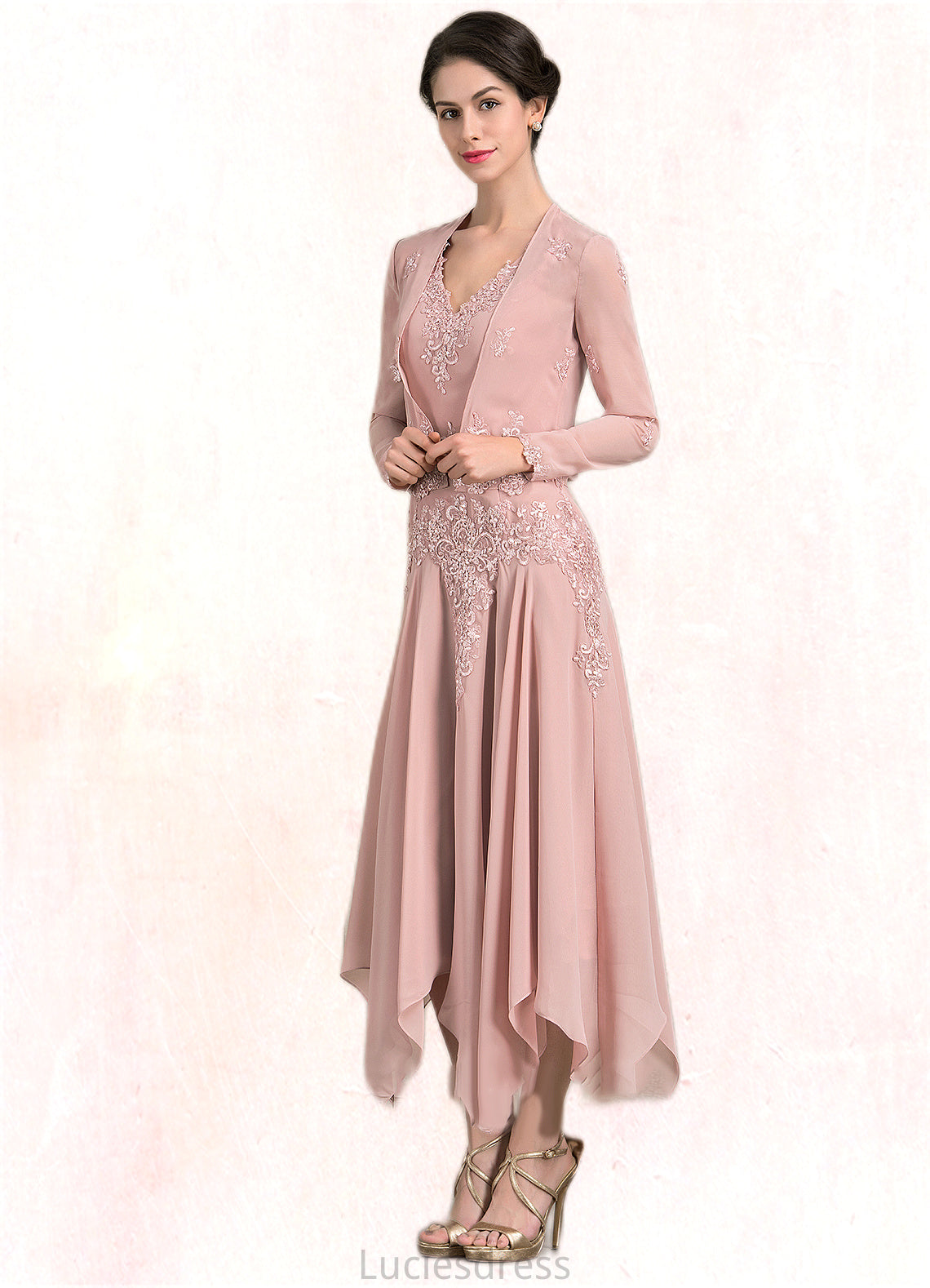 Cassidy A-Line V-neck Ankle-Length Chiffon Mother of the Bride Dress With Appliques Lace Sequins HF126P0014855