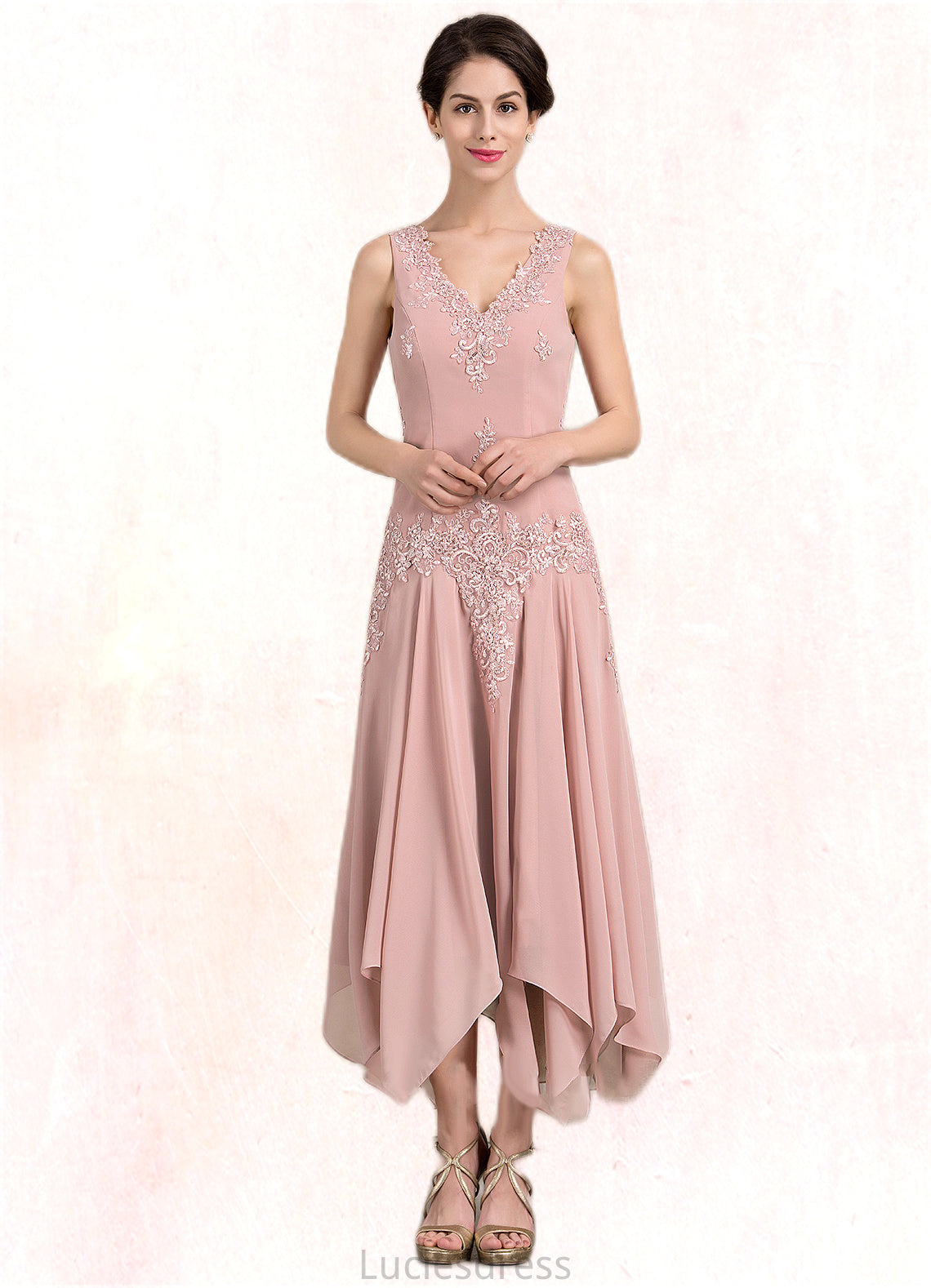 Cassidy A-Line V-neck Ankle-Length Chiffon Mother of the Bride Dress With Appliques Lace Sequins HF126P0014855