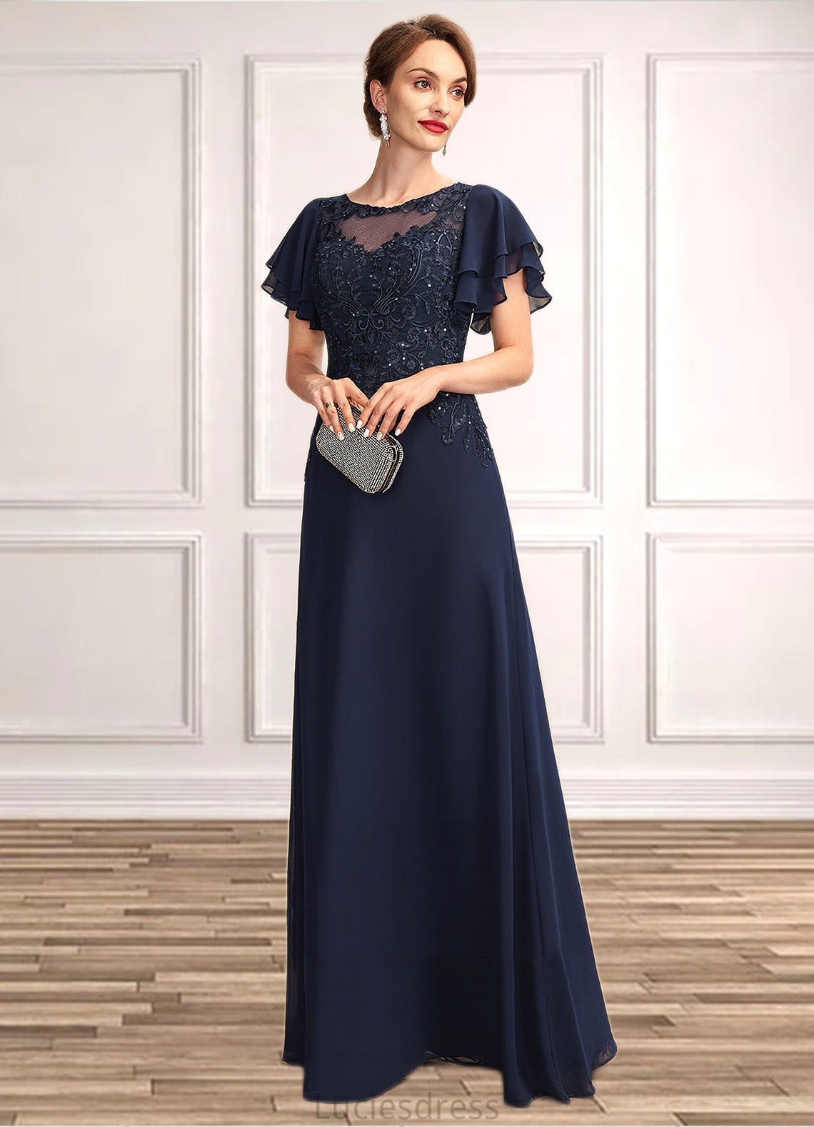 Genesis A-Line Scoop Neck Floor-Length Chiffon Lace Mother of the Bride Dress With Sequins HF126P0014857