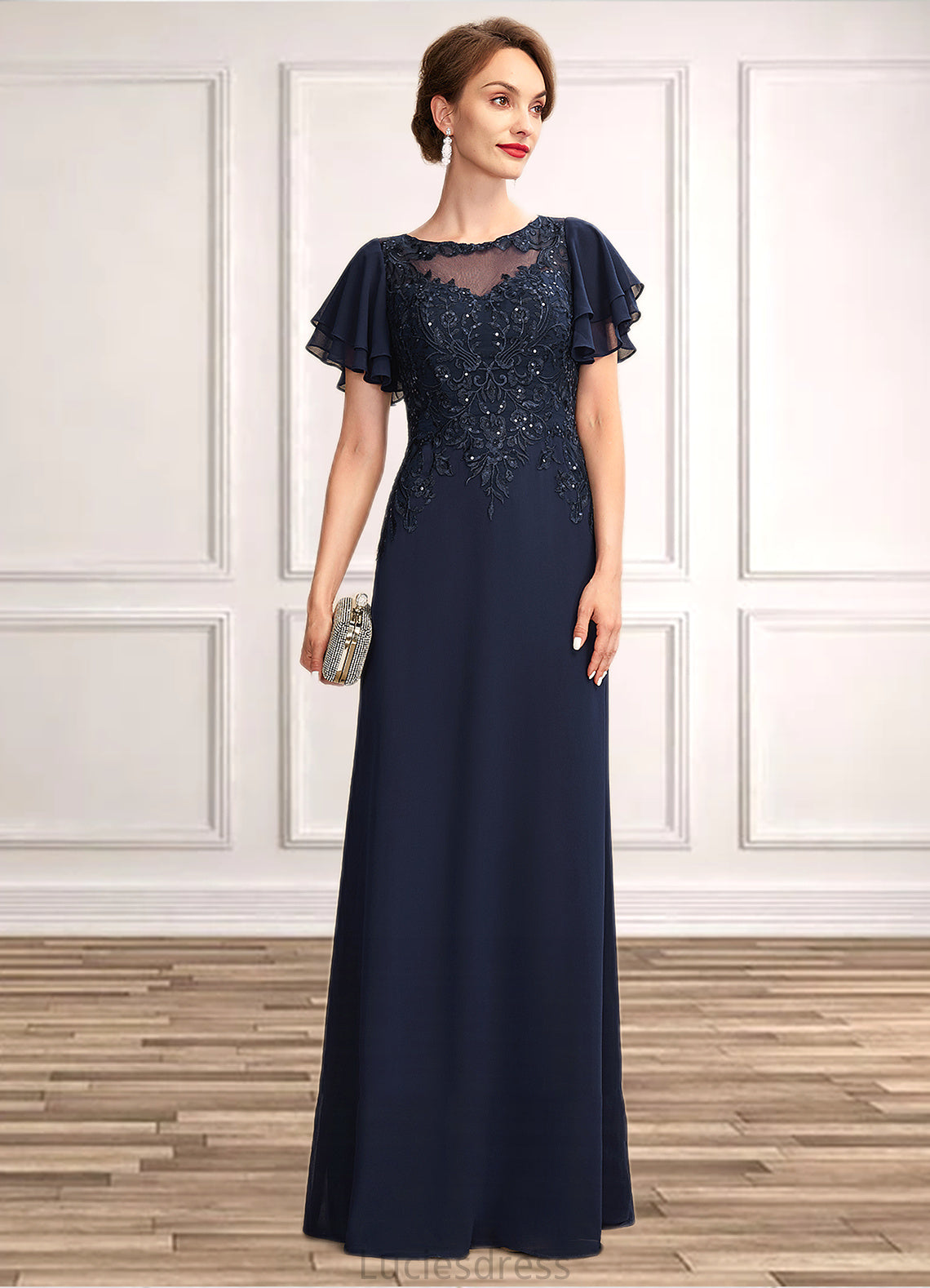 Genesis A-Line Scoop Neck Floor-Length Chiffon Lace Mother of the Bride Dress With Sequins HF126P0014857