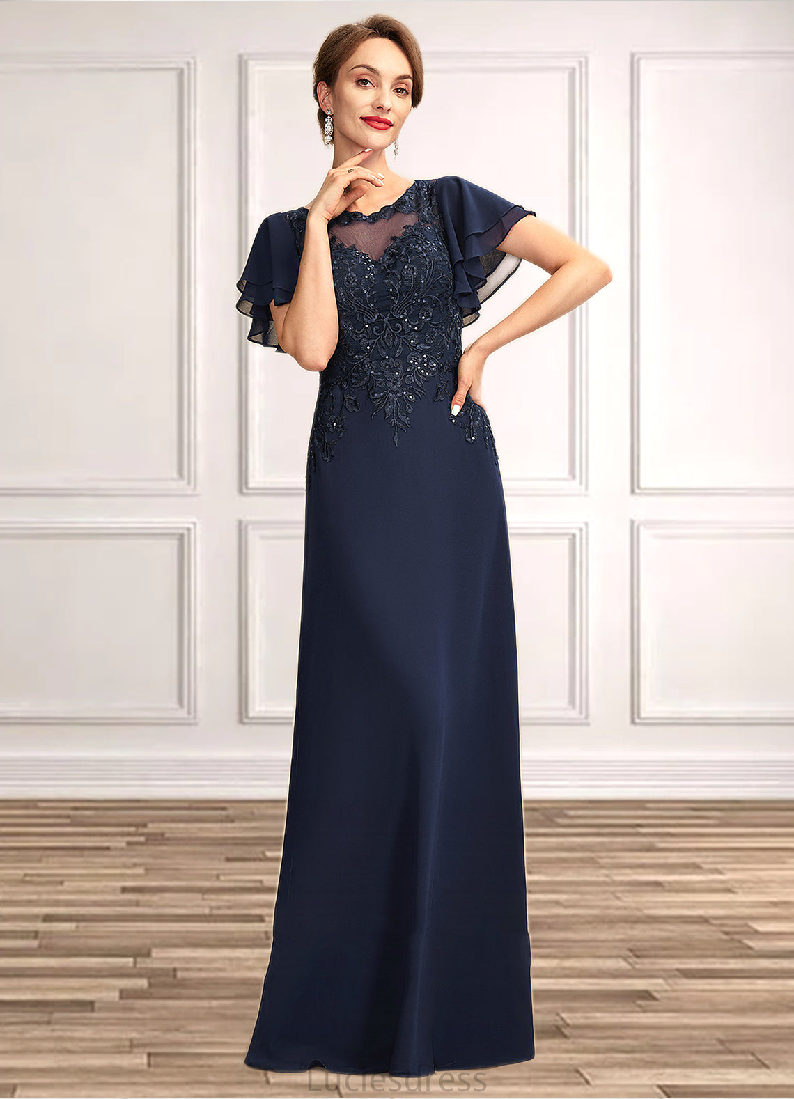 Genesis A-Line Scoop Neck Floor-Length Chiffon Lace Mother of the Bride Dress With Sequins HF126P0014857