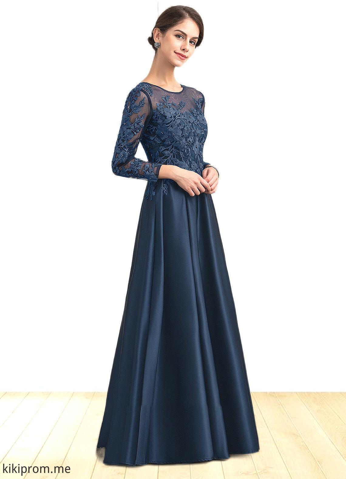 Genevieve A-Line Scoop Neck Floor-Length Satin Lace Mother of the Bride Dress With Beading STF126P0014858