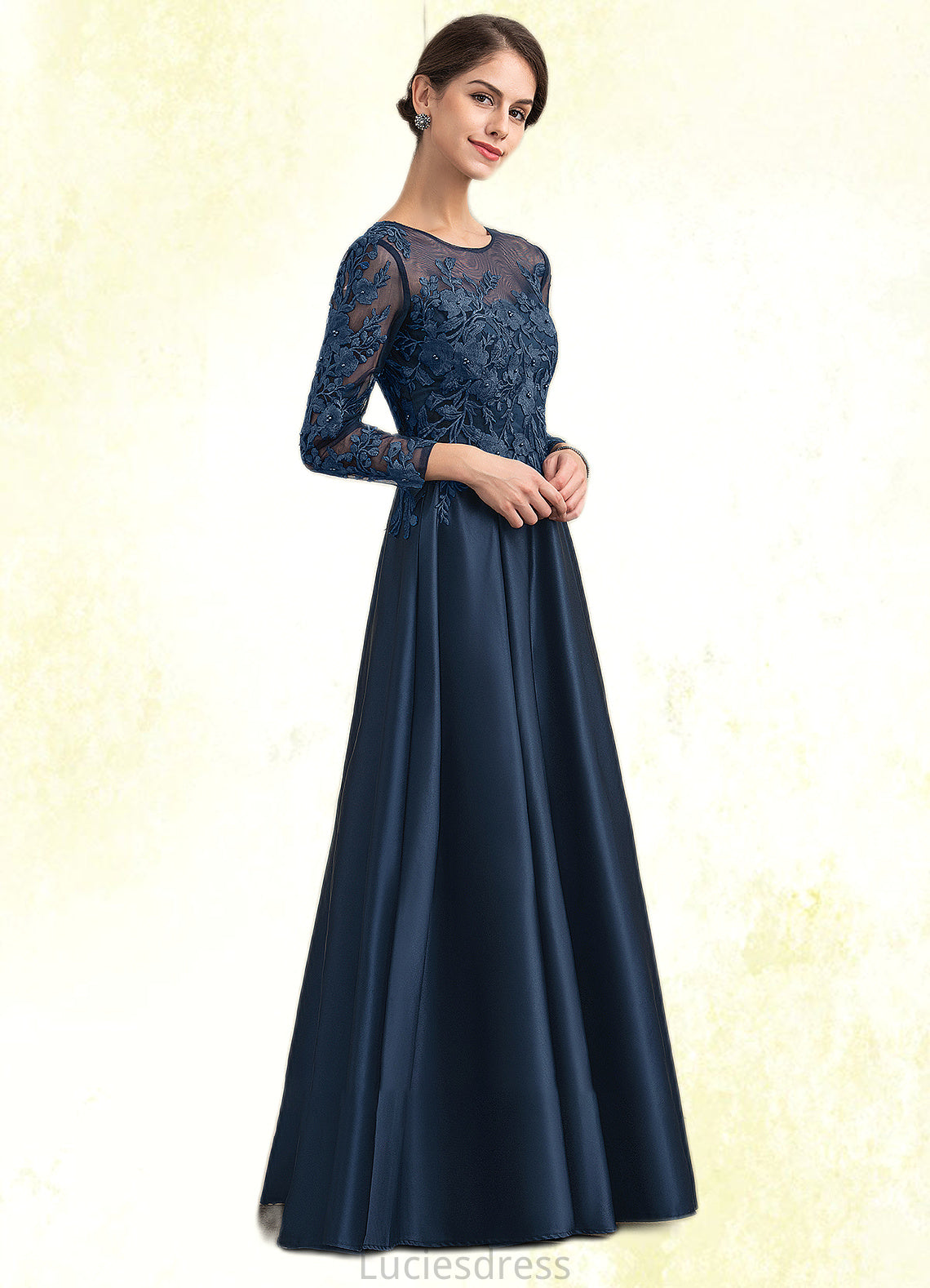 Eleanor A-Line Scoop Neck Floor-Length Satin Lace Mother of the Bride Dress With Beading HF126P0014858