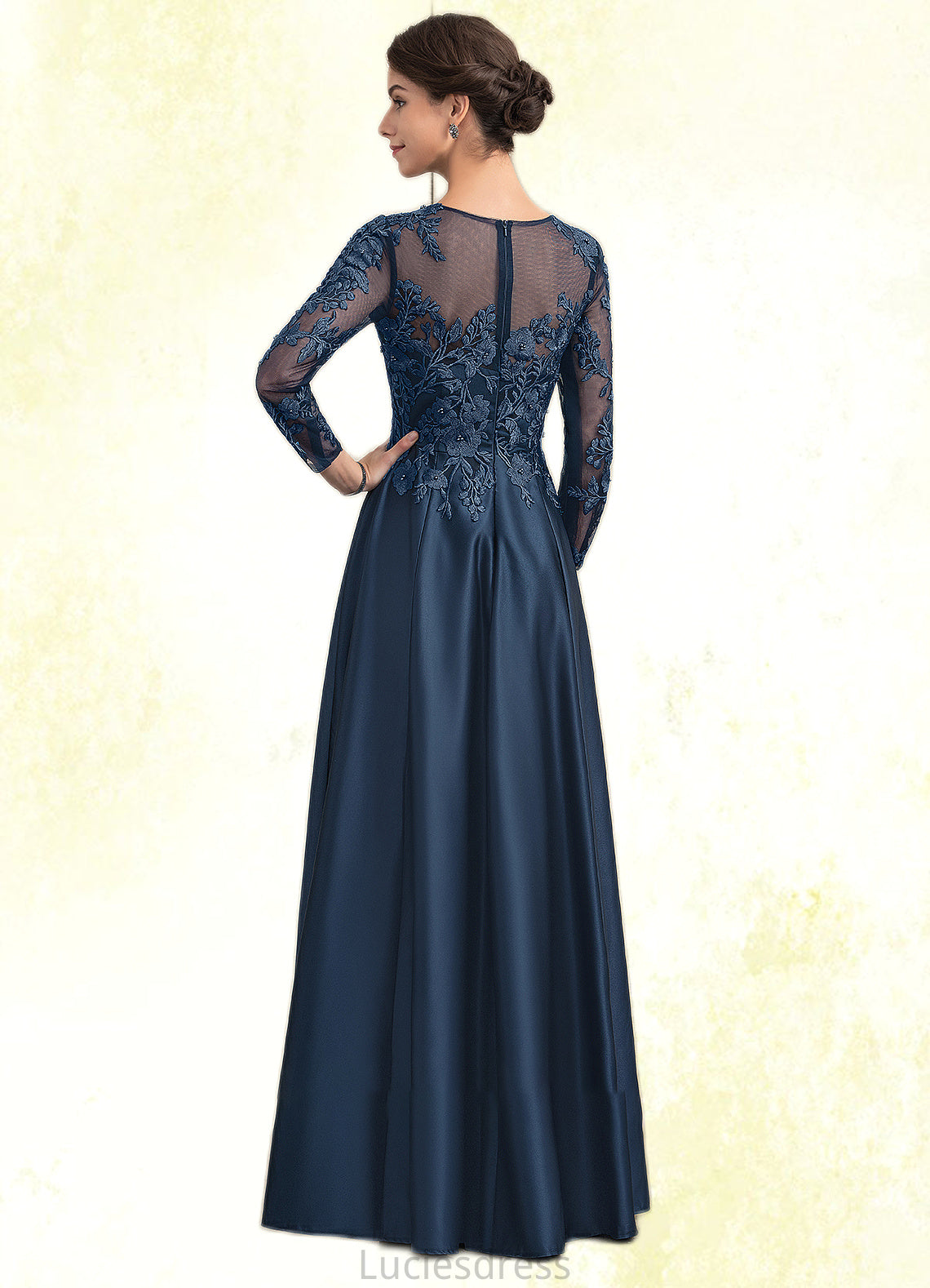 Eleanor A-Line Scoop Neck Floor-Length Satin Lace Mother of the Bride Dress With Beading HF126P0014858