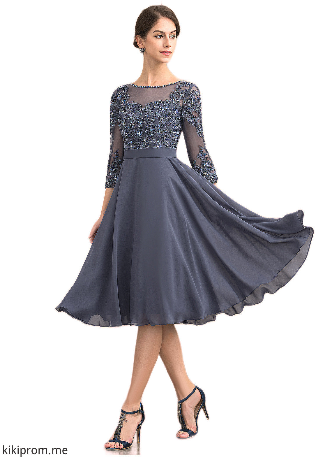 Ayana A-Line Scoop Neck Knee-Length Chiffon Lace Mother of the Bride Dress With Beading Sequins STF126P0014861