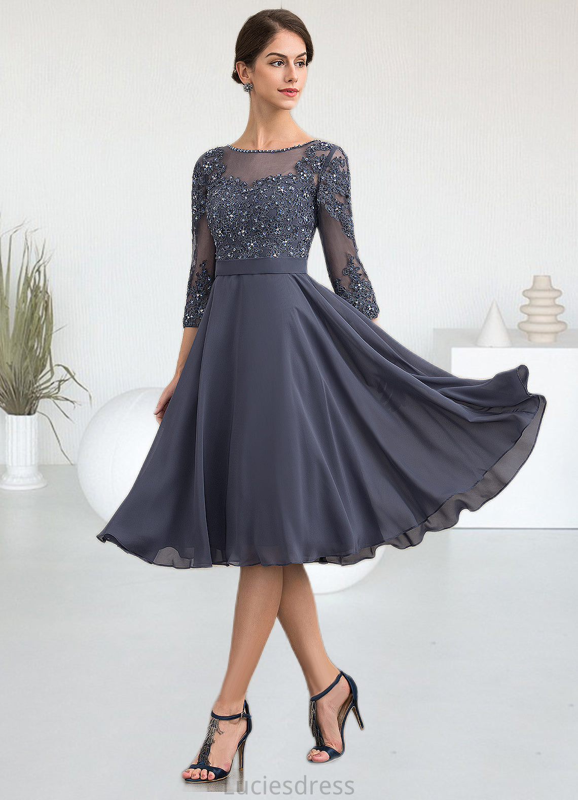 Melina A-Line Scoop Neck Knee-Length Chiffon Lace Mother of the Bride Dress With Beading Sequins HF126P0014861