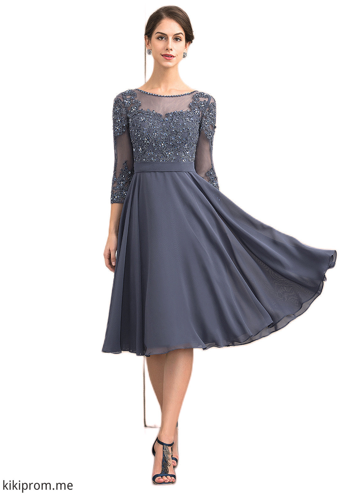 Ayana A-Line Scoop Neck Knee-Length Chiffon Lace Mother of the Bride Dress With Beading Sequins STF126P0014861