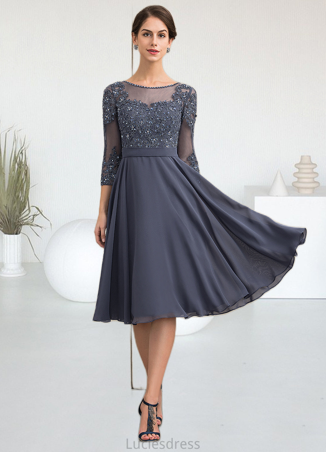 Melina A-Line Scoop Neck Knee-Length Chiffon Lace Mother of the Bride Dress With Beading Sequins HF126P0014861