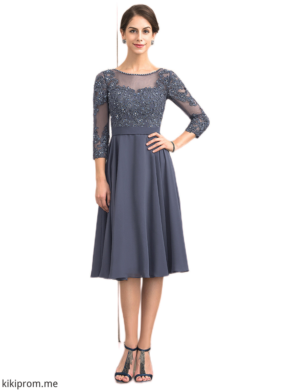 Ayana A-Line Scoop Neck Knee-Length Chiffon Lace Mother of the Bride Dress With Beading Sequins STF126P0014861