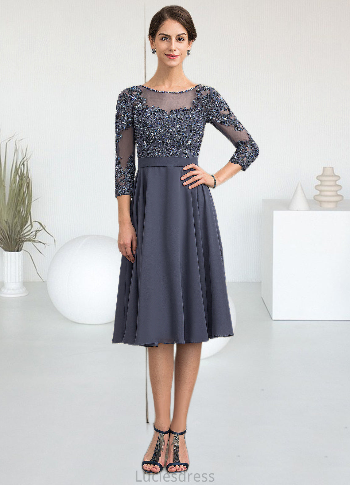 Melina A-Line Scoop Neck Knee-Length Chiffon Lace Mother of the Bride Dress With Beading Sequins HF126P0014861