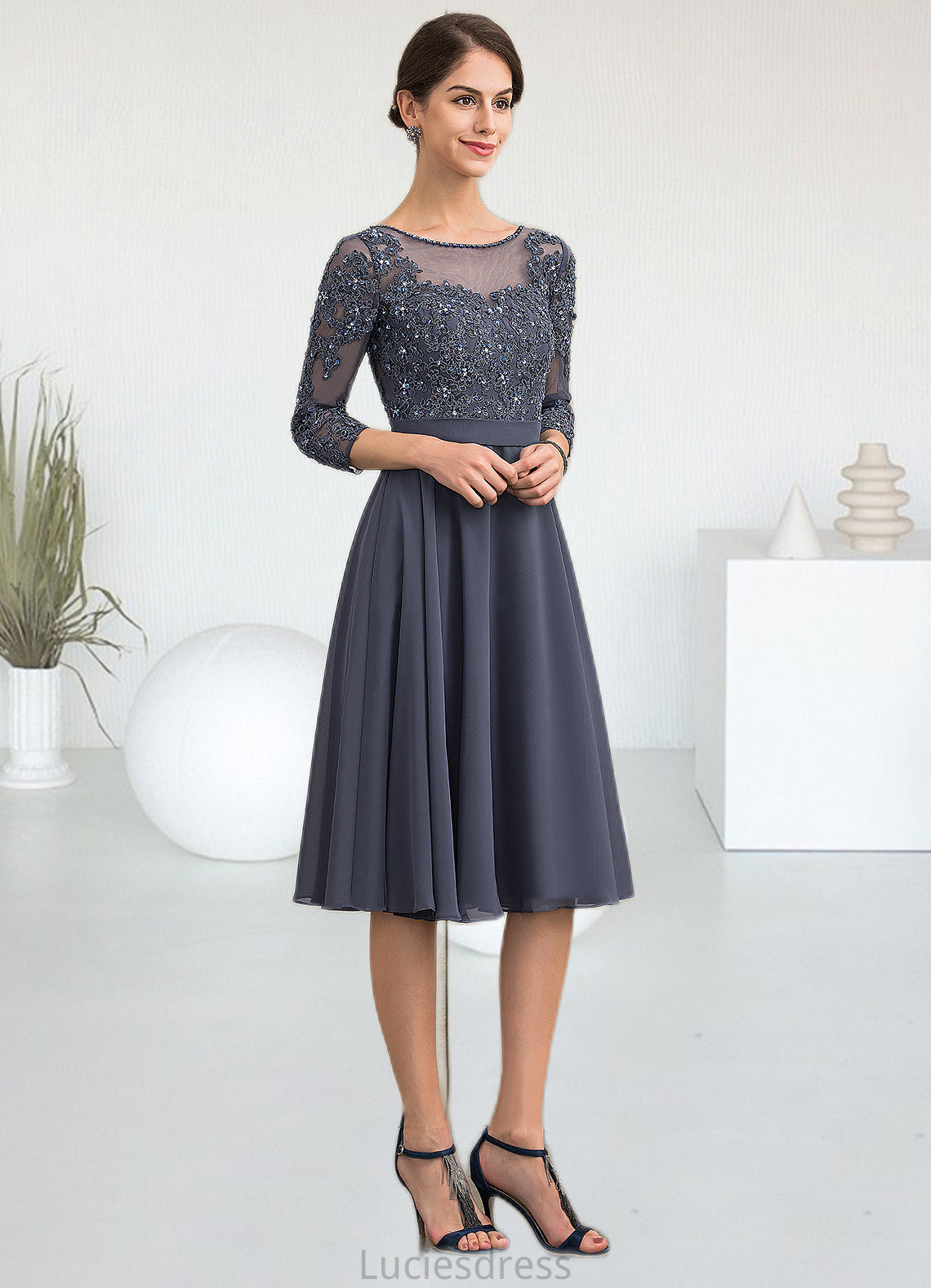 Melina A-Line Scoop Neck Knee-Length Chiffon Lace Mother of the Bride Dress With Beading Sequins HF126P0014861