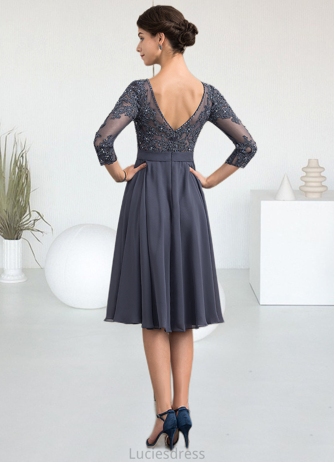 Melina A-Line Scoop Neck Knee-Length Chiffon Lace Mother of the Bride Dress With Beading Sequins HF126P0014861