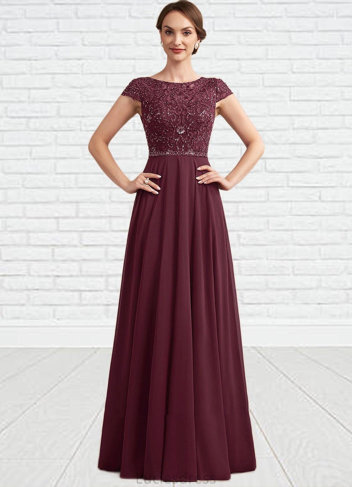 Katelyn A-Line Scoop Neck Floor-Length Chiffon Lace Mother of the Bride Dress With Beading Sequins HF126P0014863