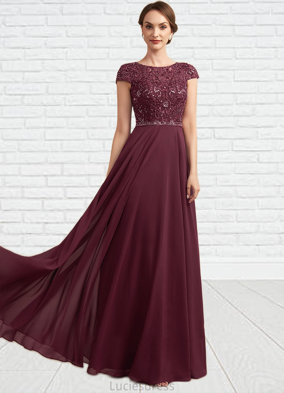 Katelyn A-Line Scoop Neck Floor-Length Chiffon Lace Mother of the Bride Dress With Beading Sequins HF126P0014863