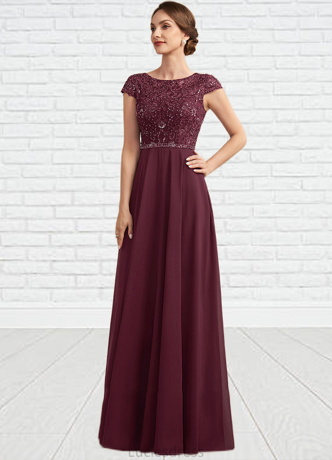 Katelyn A-Line Scoop Neck Floor-Length Chiffon Lace Mother of the Bride Dress With Beading Sequins HF126P0014863