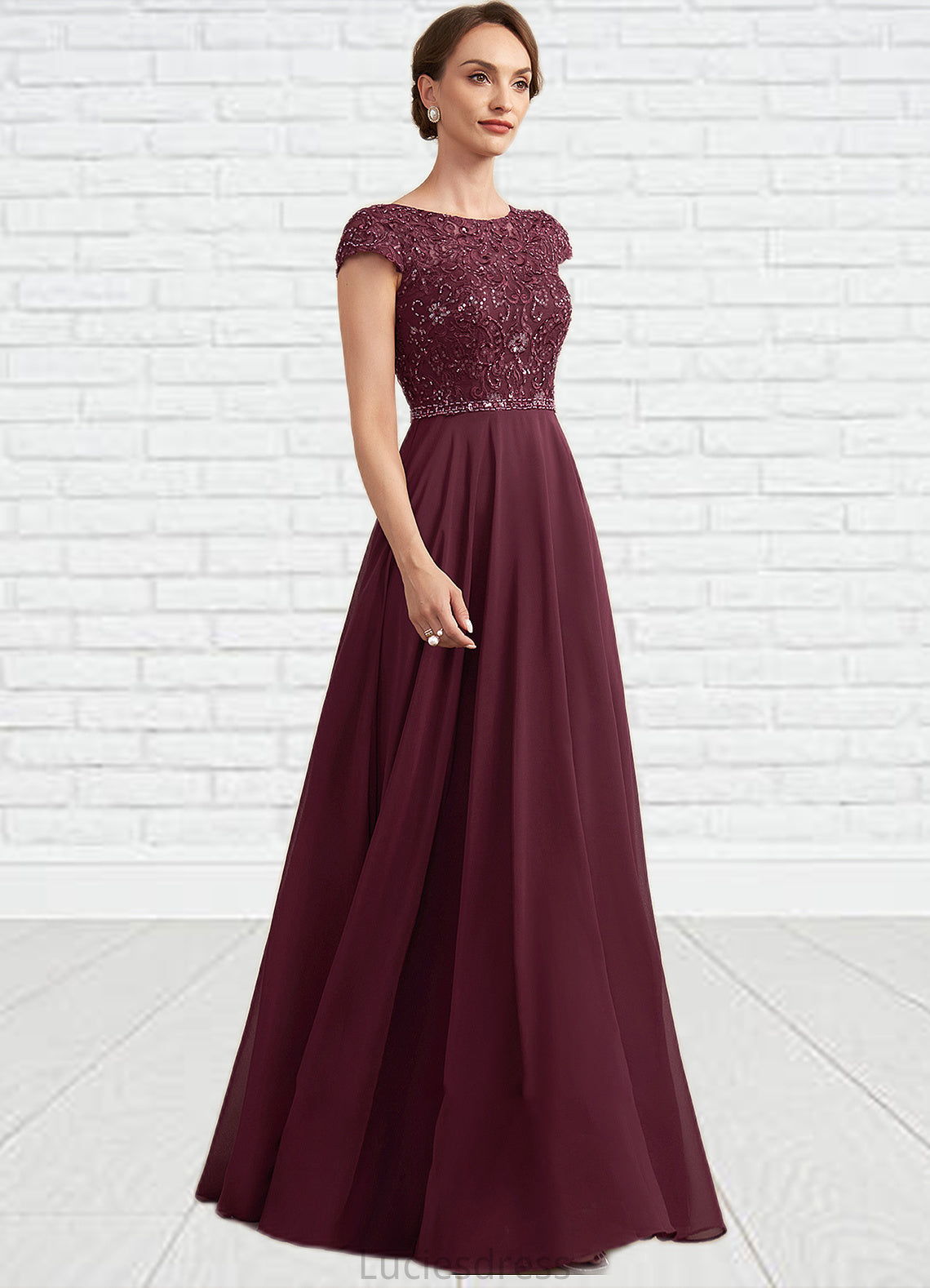 Katelyn A-Line Scoop Neck Floor-Length Chiffon Lace Mother of the Bride Dress With Beading Sequins HF126P0014863