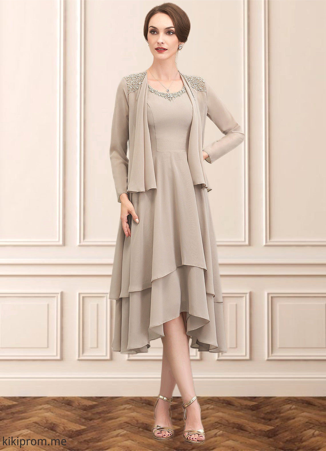 Elaine A-Line Scoop Neck Asymmetrical Chiffon Mother of the Bride Dress With Beading Sequins STF126P0014866