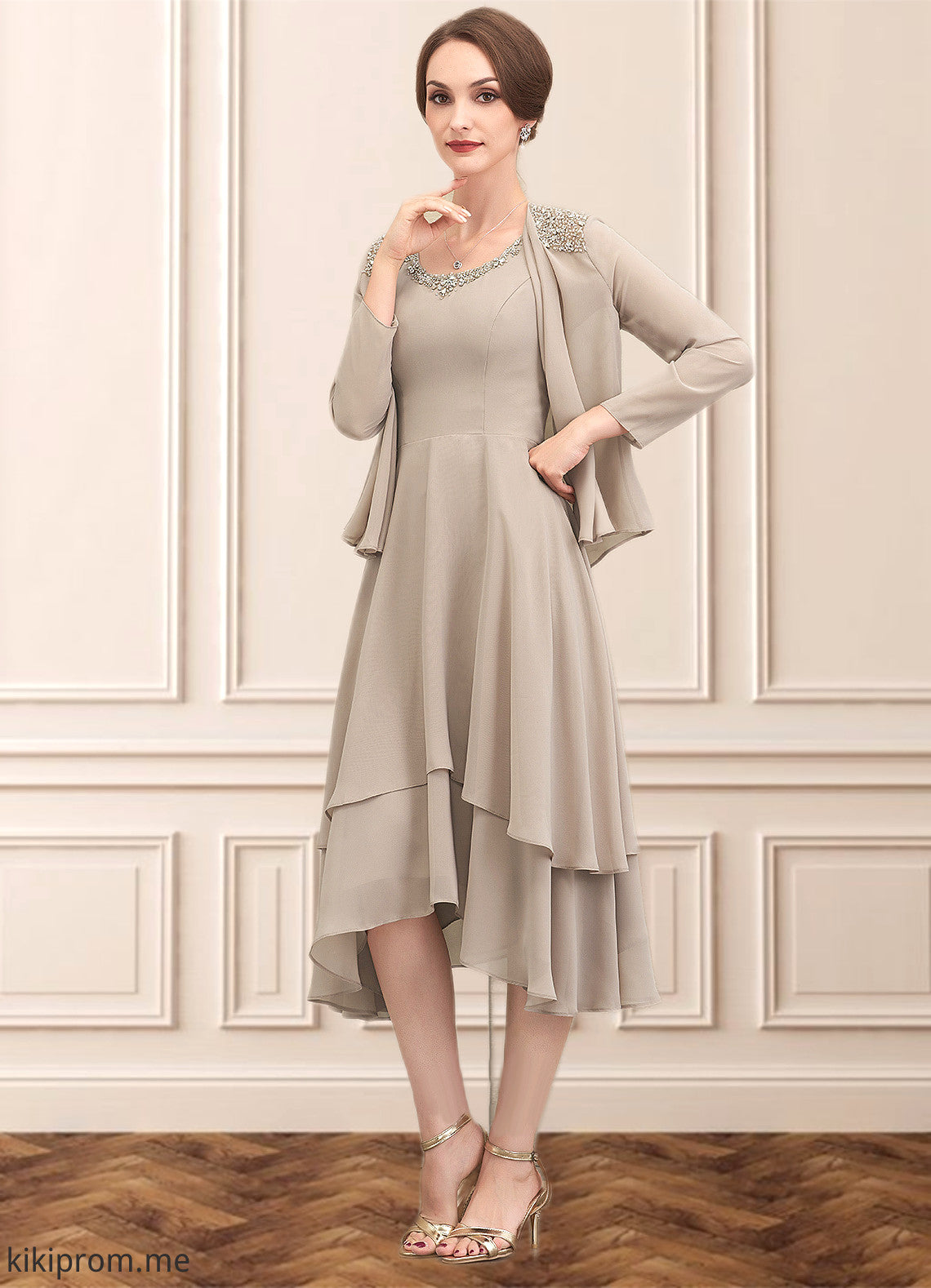 Elaine A-Line Scoop Neck Asymmetrical Chiffon Mother of the Bride Dress With Beading Sequins STF126P0014866