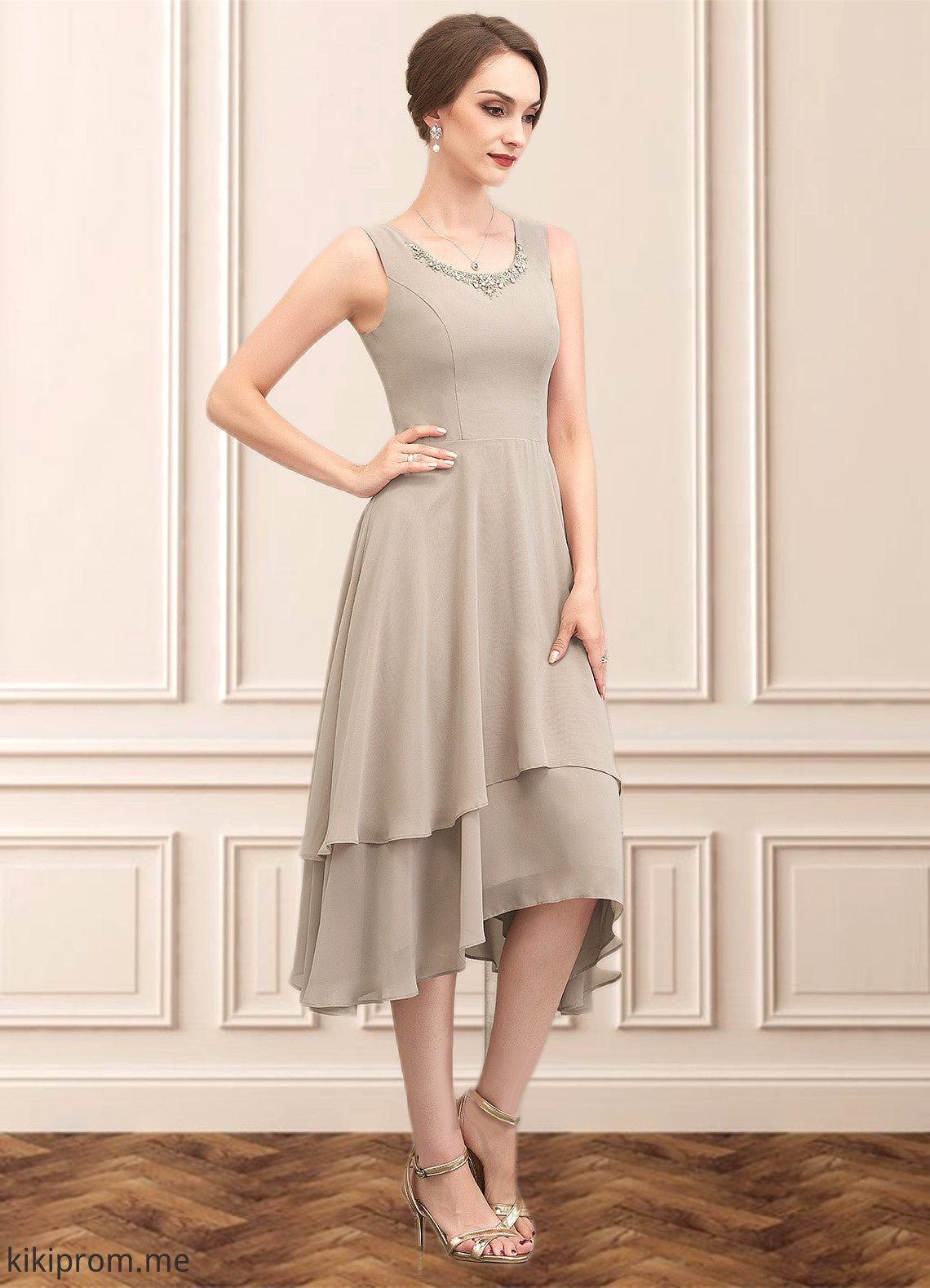 Elaine A-Line Scoop Neck Asymmetrical Chiffon Mother of the Bride Dress With Beading Sequins STF126P0014866