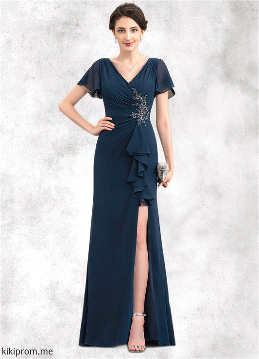 Lacey Sheath/Column V-neck Floor-Length Chiffon Mother of the Bride Dress With Beading Split Front Cascading Ruffles STF126P0014868