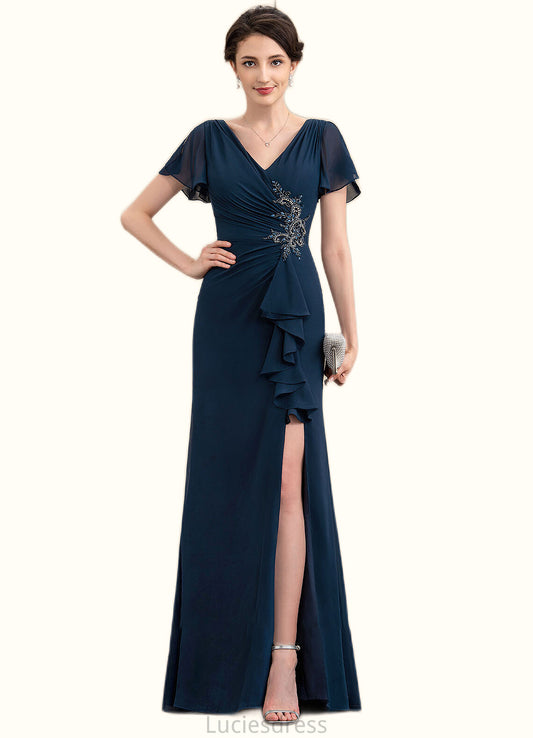 Jan Sheath/Column V-neck Floor-Length Chiffon Mother of the Bride Dress With Beading Split Front Cascading Ruffles HF126P0014868