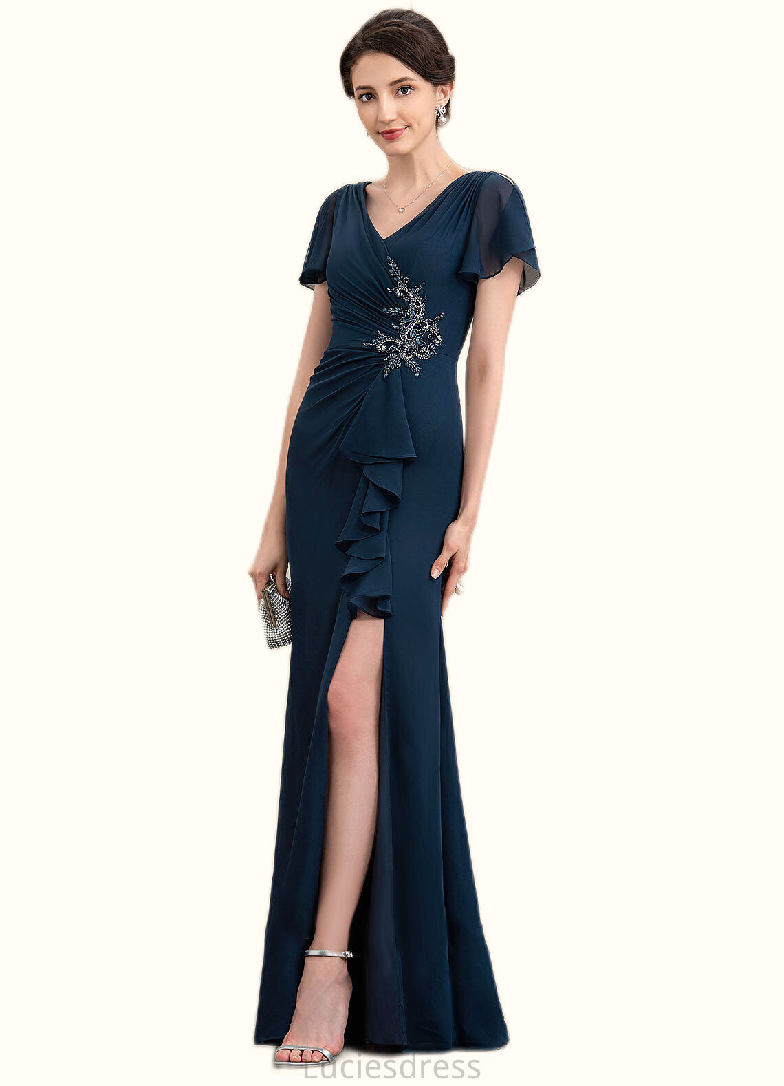 Jan Sheath/Column V-neck Floor-Length Chiffon Mother of the Bride Dress With Beading Split Front Cascading Ruffles HF126P0014868