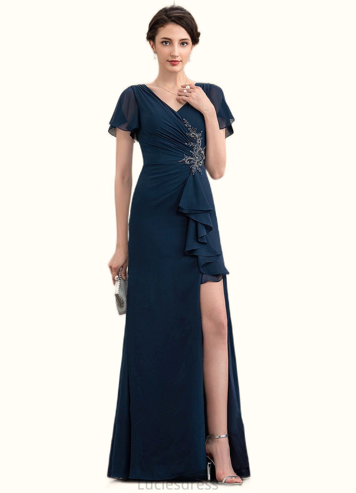 Jan Sheath/Column V-neck Floor-Length Chiffon Mother of the Bride Dress With Beading Split Front Cascading Ruffles HF126P0014868