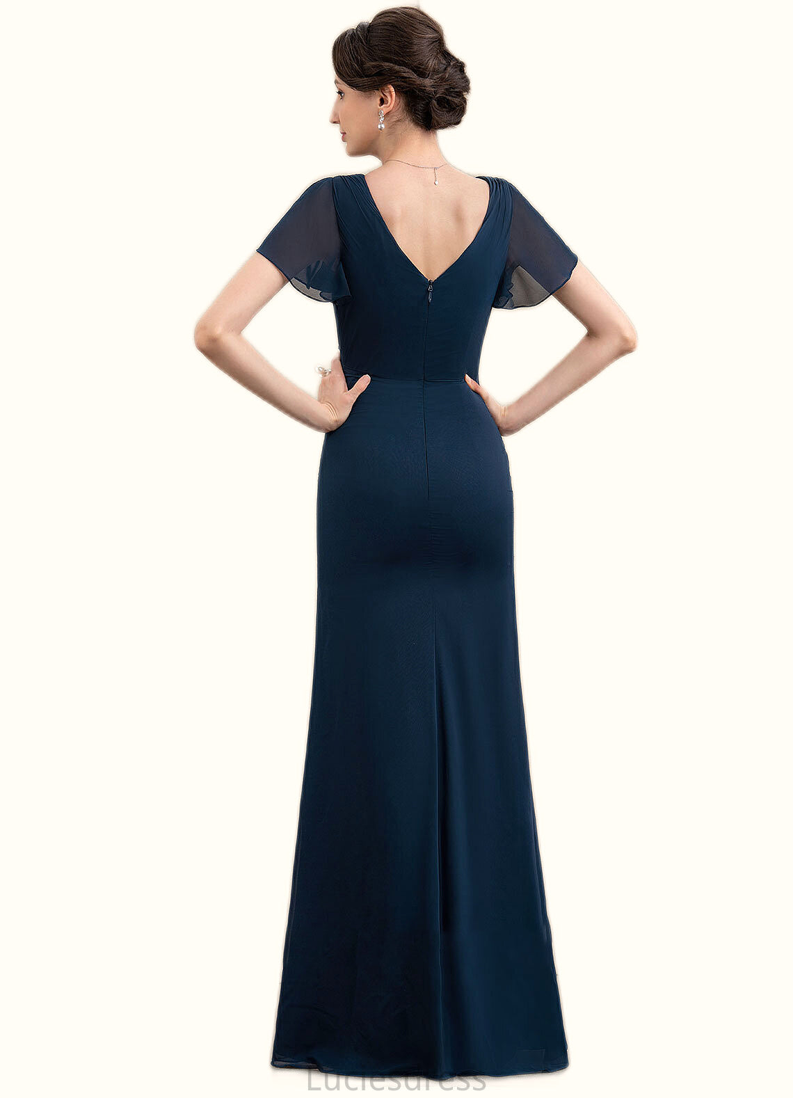 Jan Sheath/Column V-neck Floor-Length Chiffon Mother of the Bride Dress With Beading Split Front Cascading Ruffles HF126P0014868