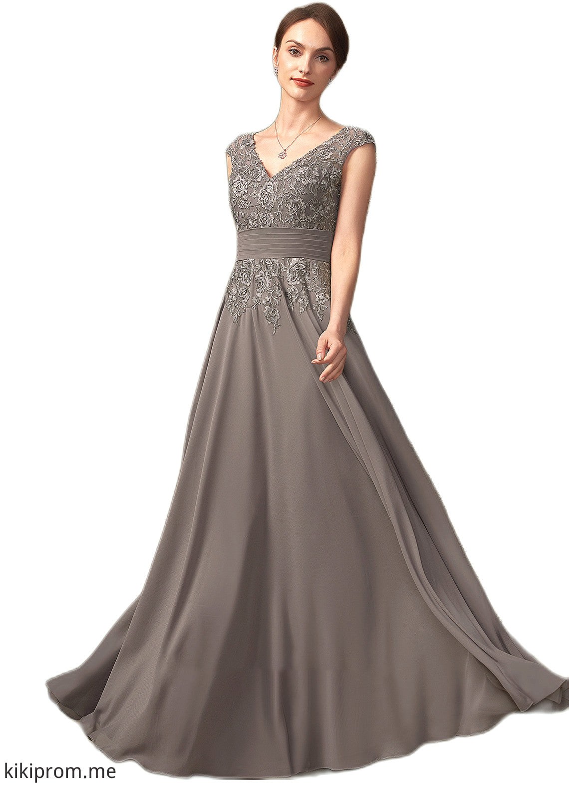 Ava A-Line V-neck Floor-Length Chiffon Lace Mother of the Bride Dress With Ruffle Sequins STF126P0014870