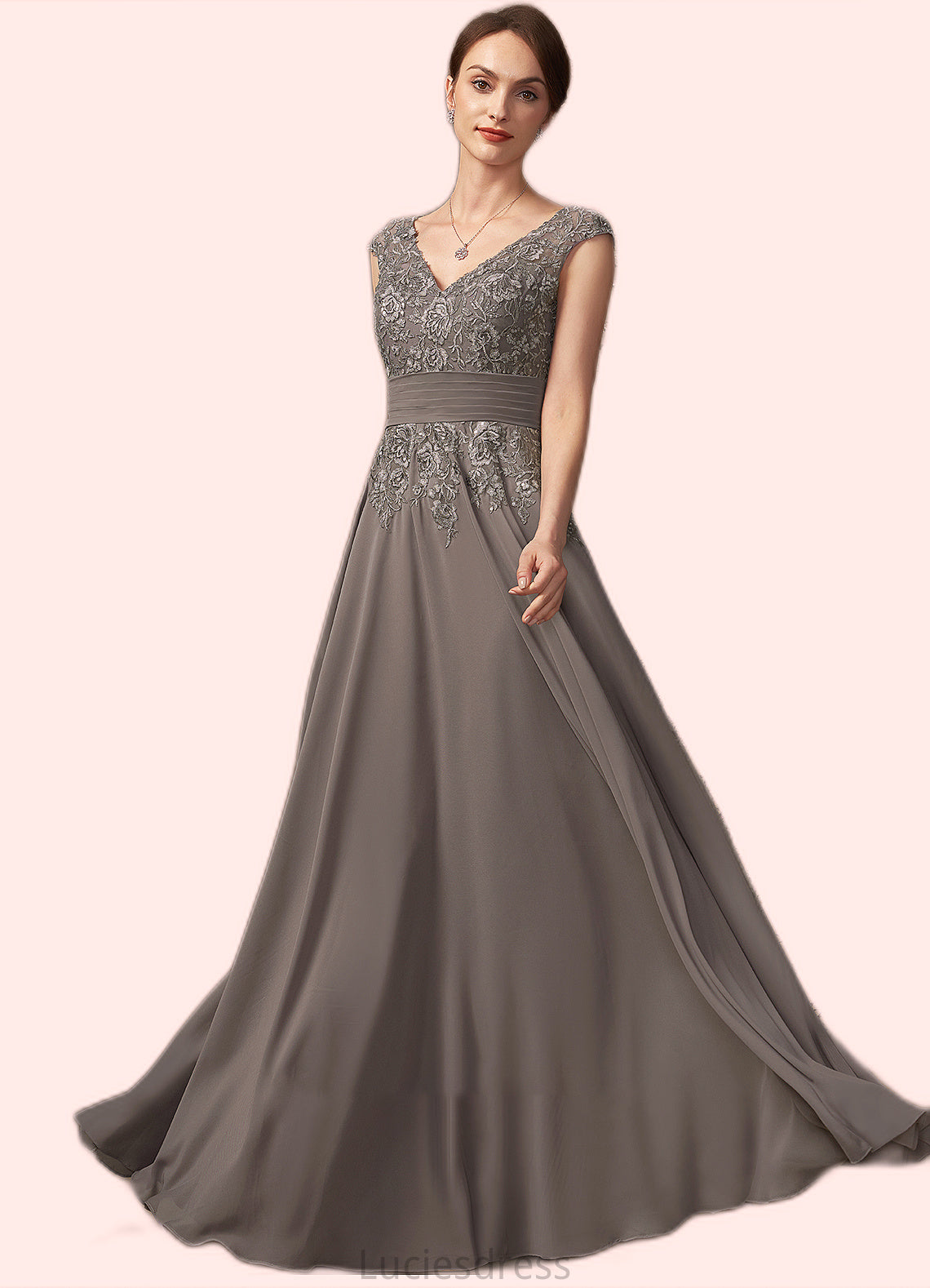 Kit A-Line V-neck Floor-Length Chiffon Lace Mother of the Bride Dress With Ruffle Sequins HF126P0014870