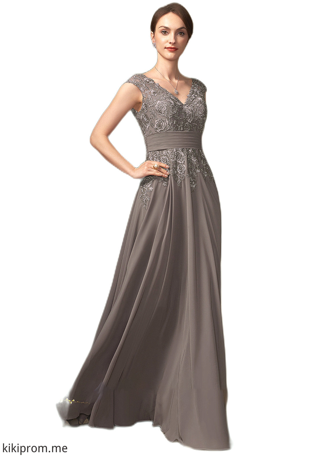 Ava A-Line V-neck Floor-Length Chiffon Lace Mother of the Bride Dress With Ruffle Sequins STF126P0014870