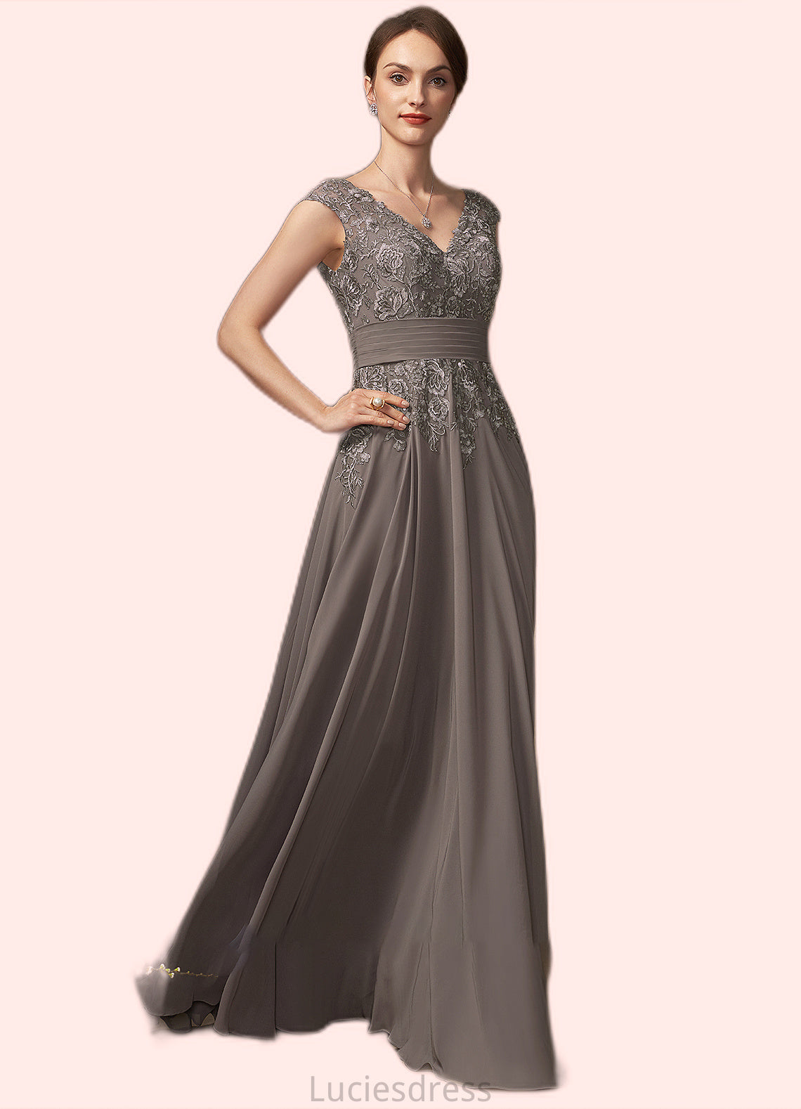 Kit A-Line V-neck Floor-Length Chiffon Lace Mother of the Bride Dress With Ruffle Sequins HF126P0014870