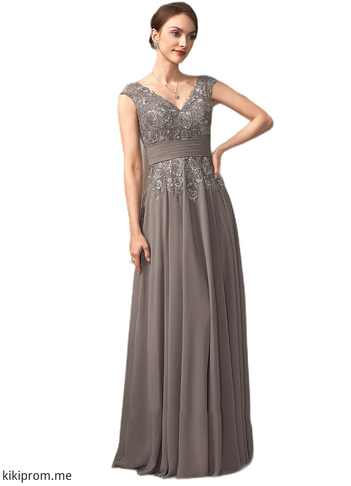 Ava A-Line V-neck Floor-Length Chiffon Lace Mother of the Bride Dress With Ruffle Sequins STF126P0014870