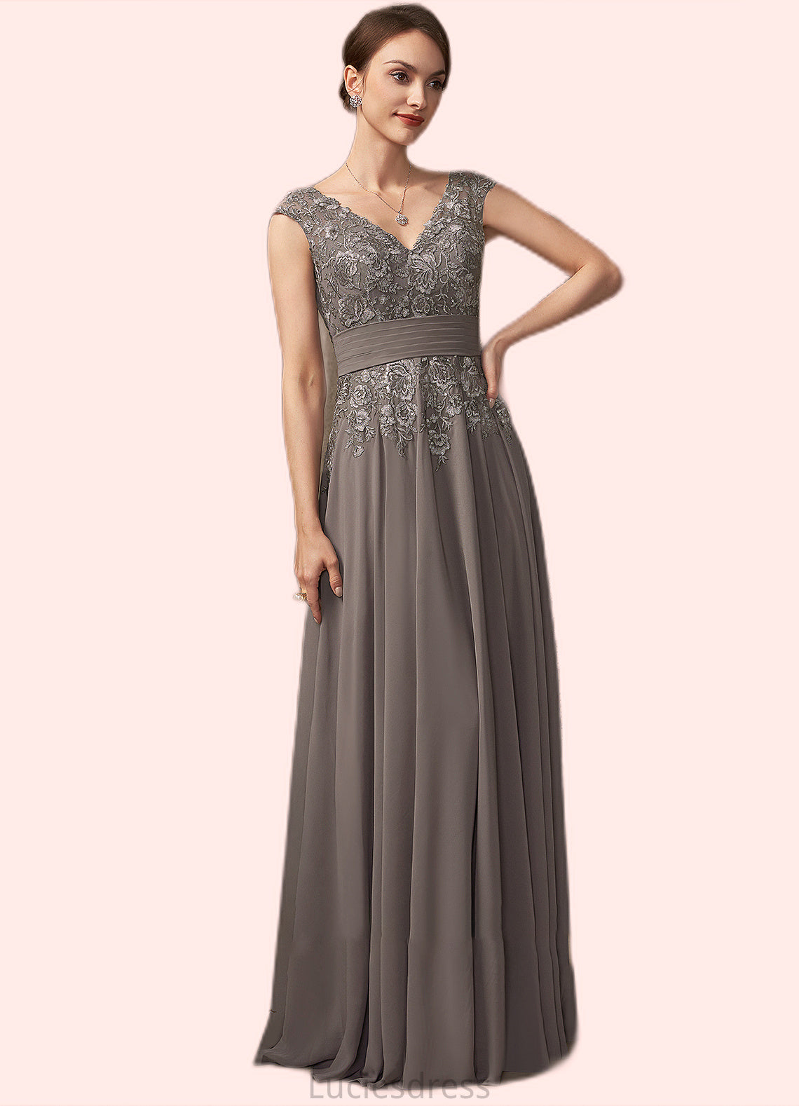 Kit A-Line V-neck Floor-Length Chiffon Lace Mother of the Bride Dress With Ruffle Sequins HF126P0014870