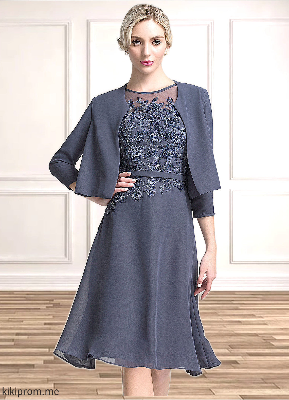 Lily A-Line Scoop Neck Knee-Length Chiffon Mother of the Bride Dress With Beading Sequins STF126P0014871