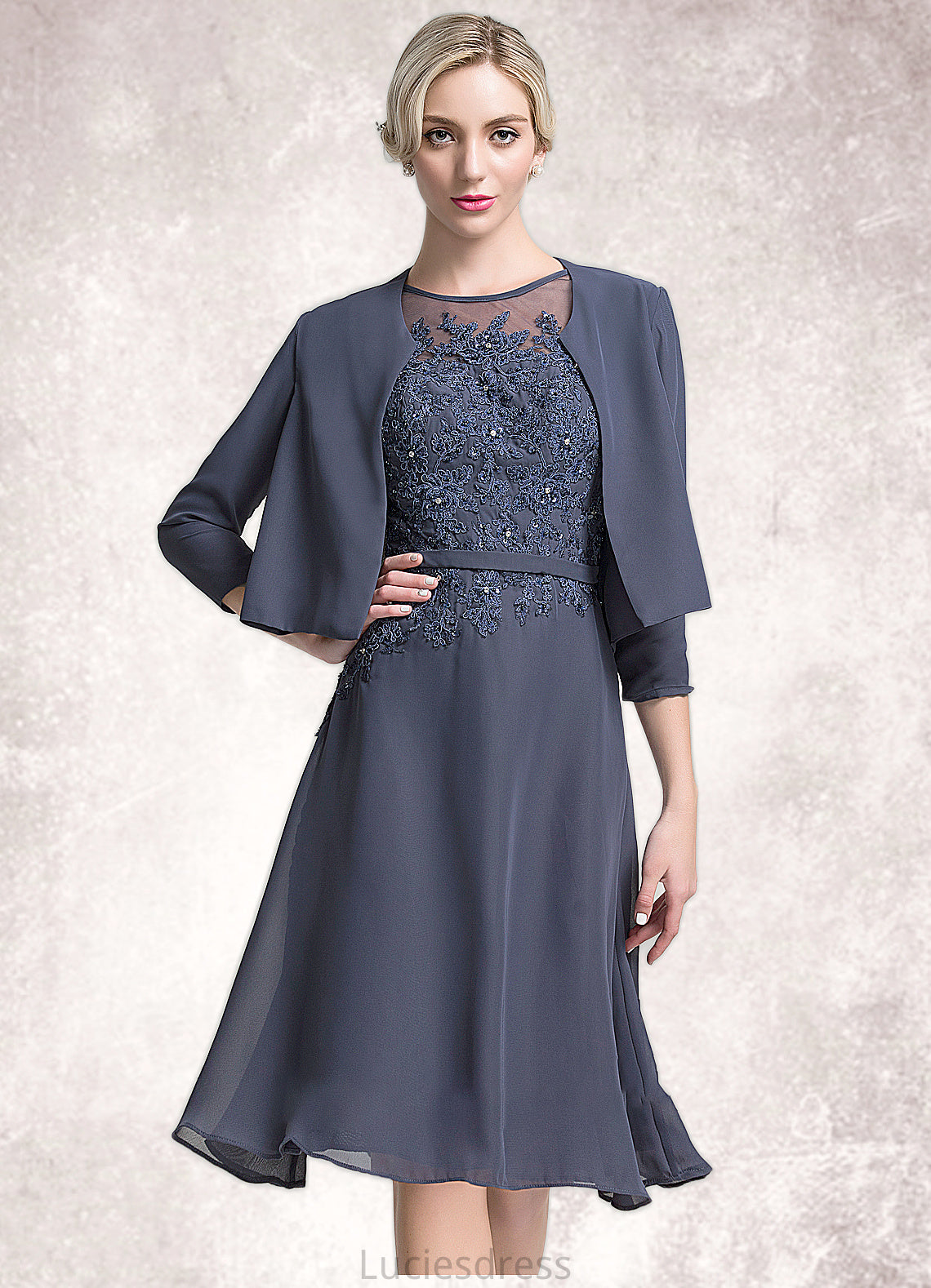 Avery A-Line Scoop Neck Knee-Length Chiffon Mother of the Bride Dress With Beading Sequins HF126P0014871