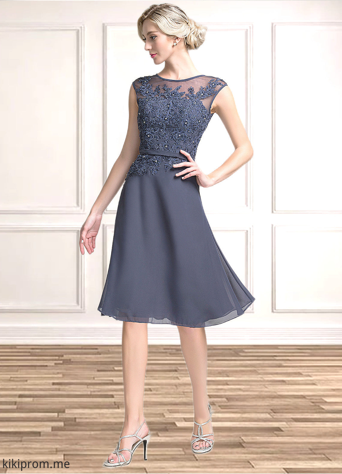 Lily A-Line Scoop Neck Knee-Length Chiffon Mother of the Bride Dress With Beading Sequins STF126P0014871