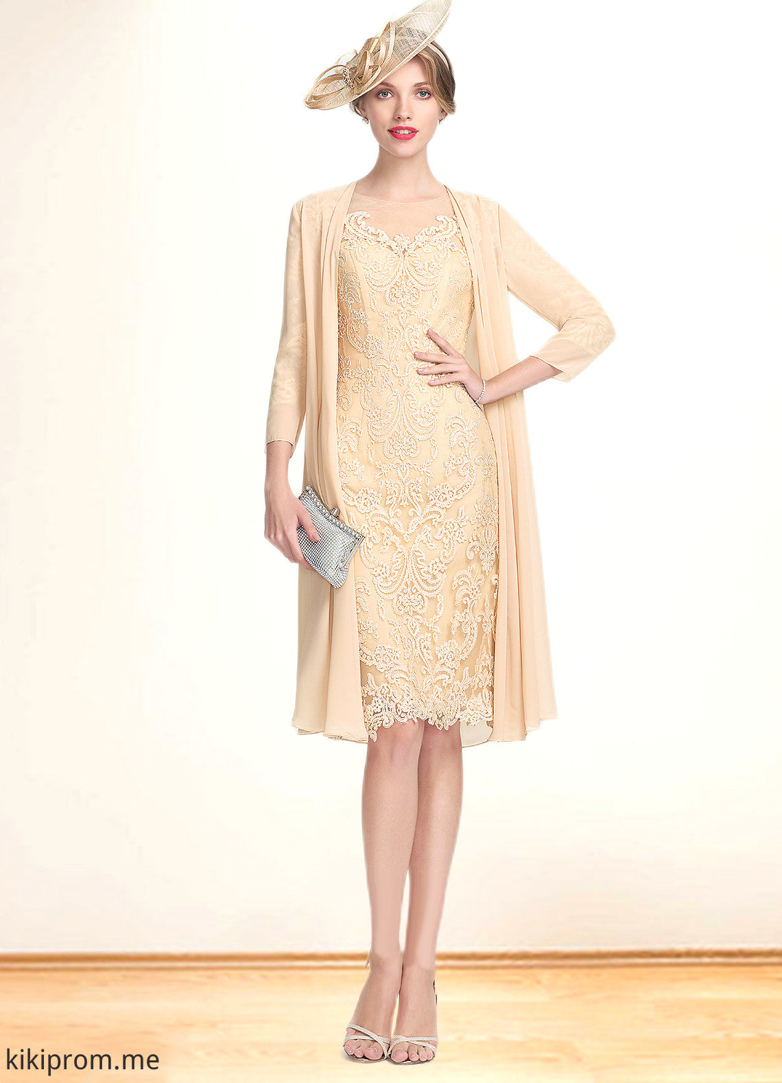 Stella Sheath/Column Scoop Neck Knee-Length Lace Mother of the Bride Dress With Beading Sequins STF126P0014874