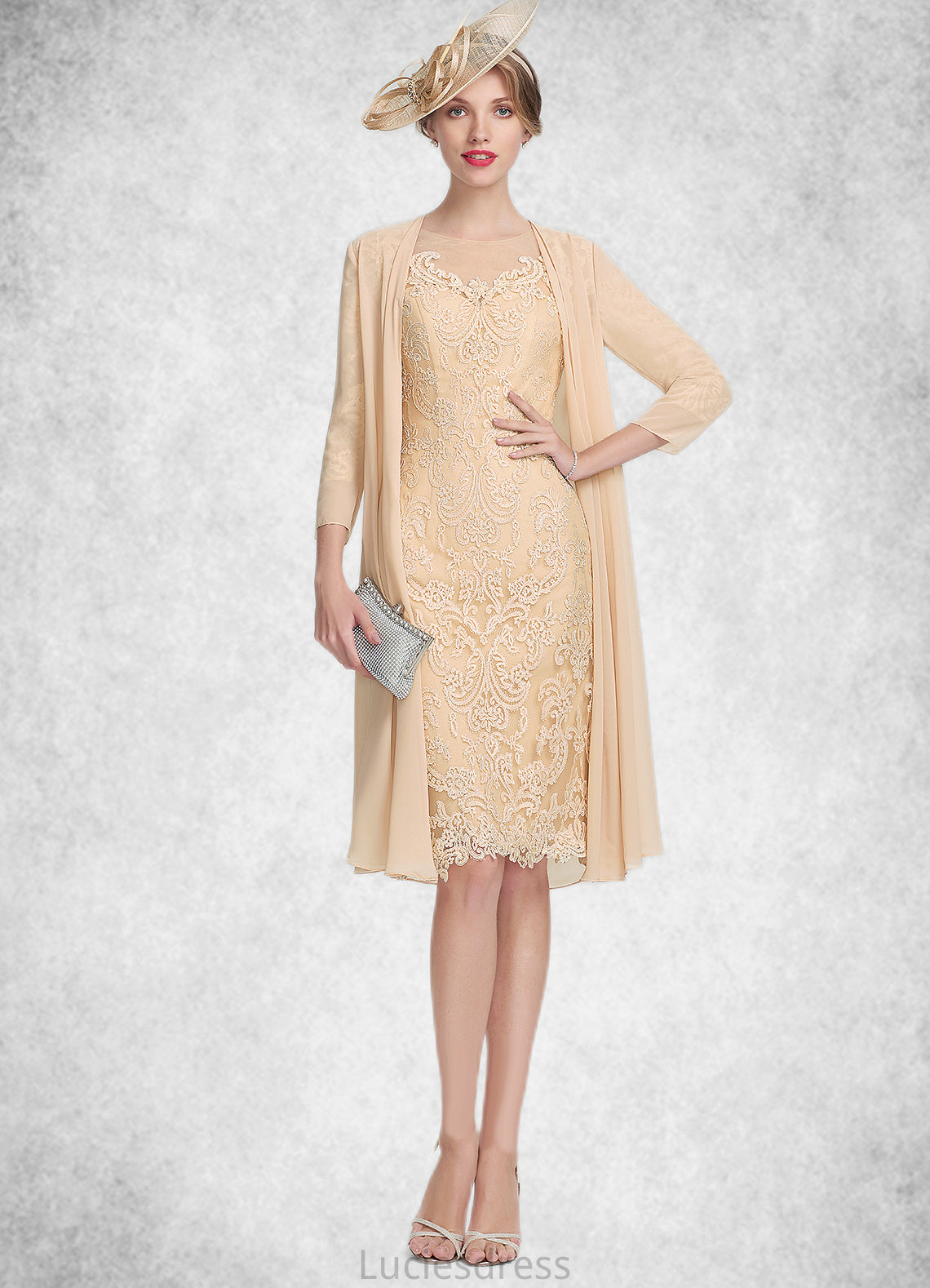 Salome Sheath/Column Scoop Neck Knee-Length Lace Mother of the Bride Dress With Beading Sequins HF126P0014874