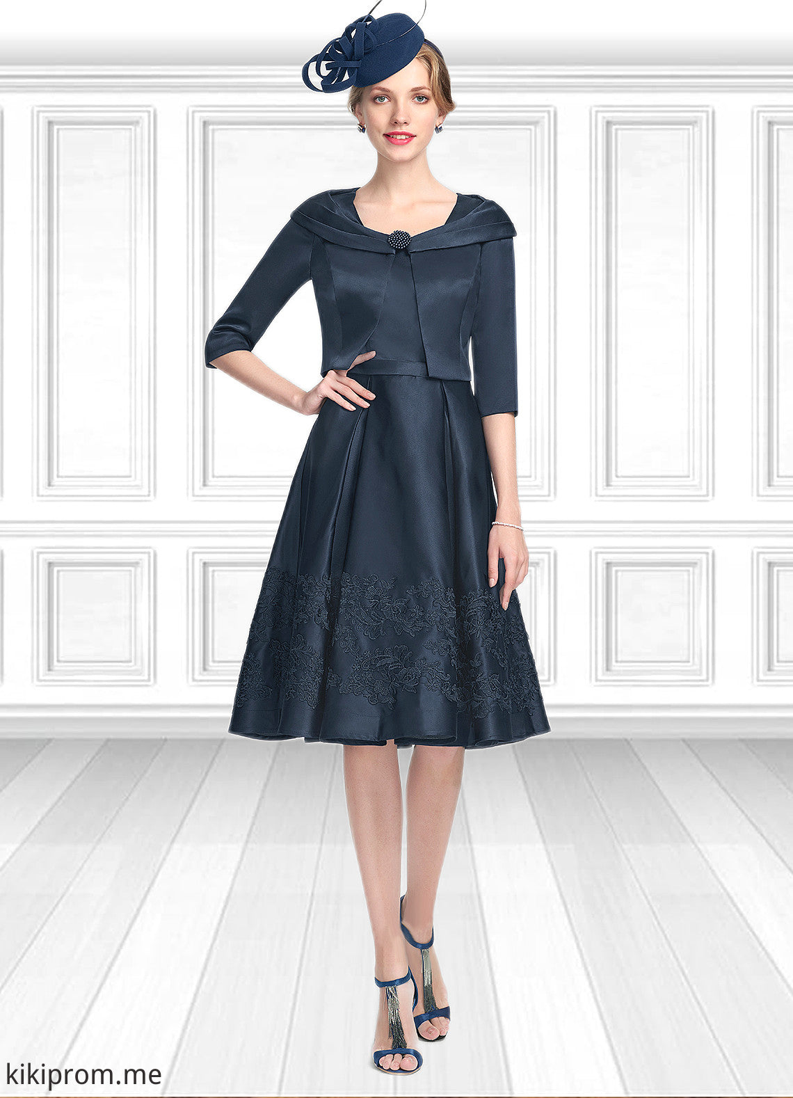 Yasmin A-Line Square Neckline Knee-Length Satin Mother of the Bride Dress With Appliques Lace STF126P0014877