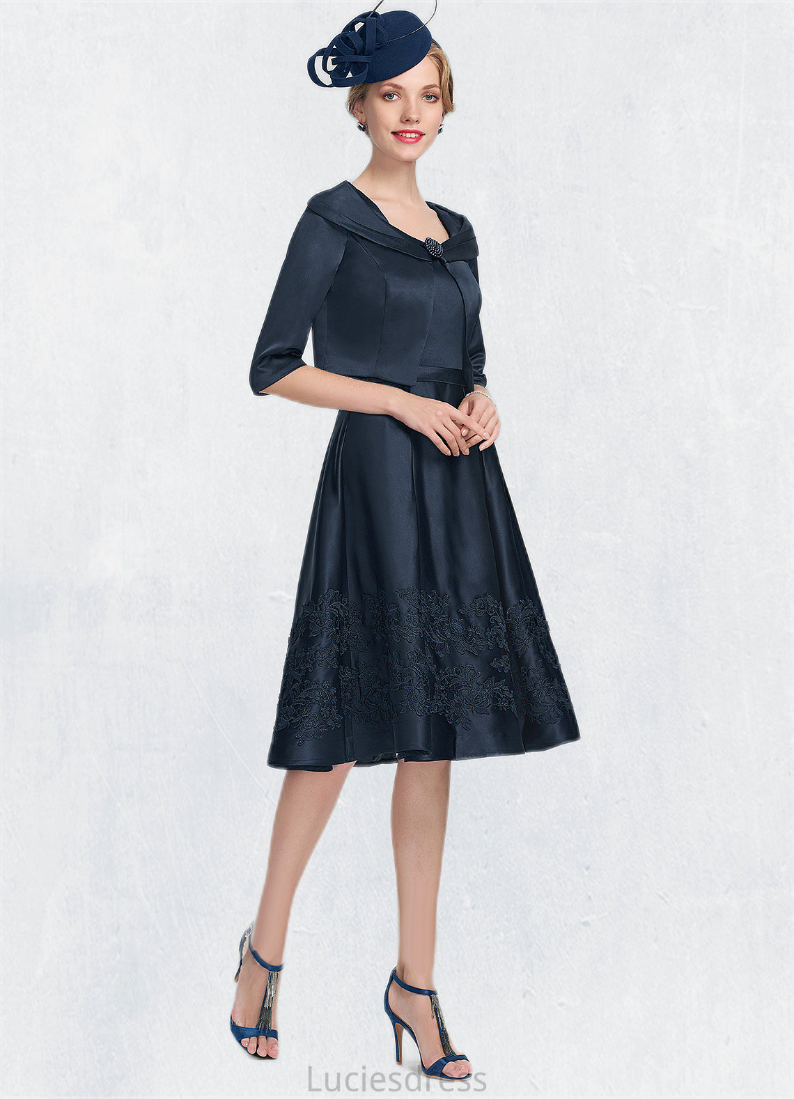 Jade A-Line Square Neckline Knee-Length Satin Mother of the Bride Dress With Appliques Lace HF126P0014877