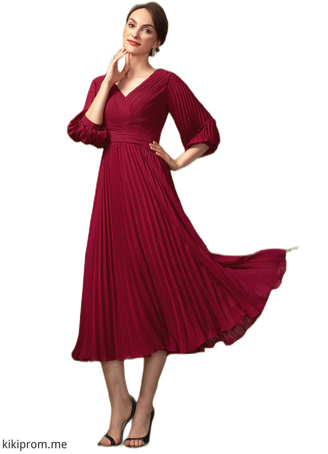 Naomi A-Line V-neck Tea-Length Chiffon Mother of the Bride Dress With Pleated STF126P0014878