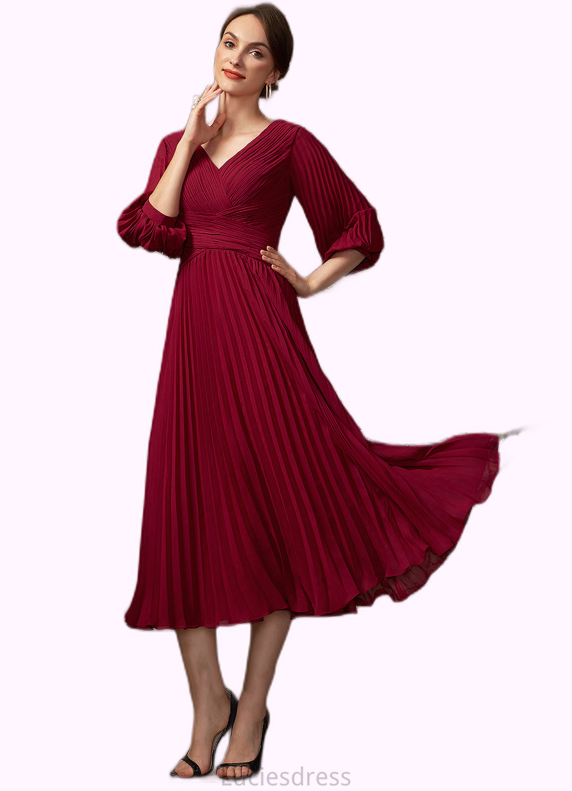 Kristin A-Line V-neck Tea-Length Chiffon Mother of the Bride Dress With Pleated HF126P0014878