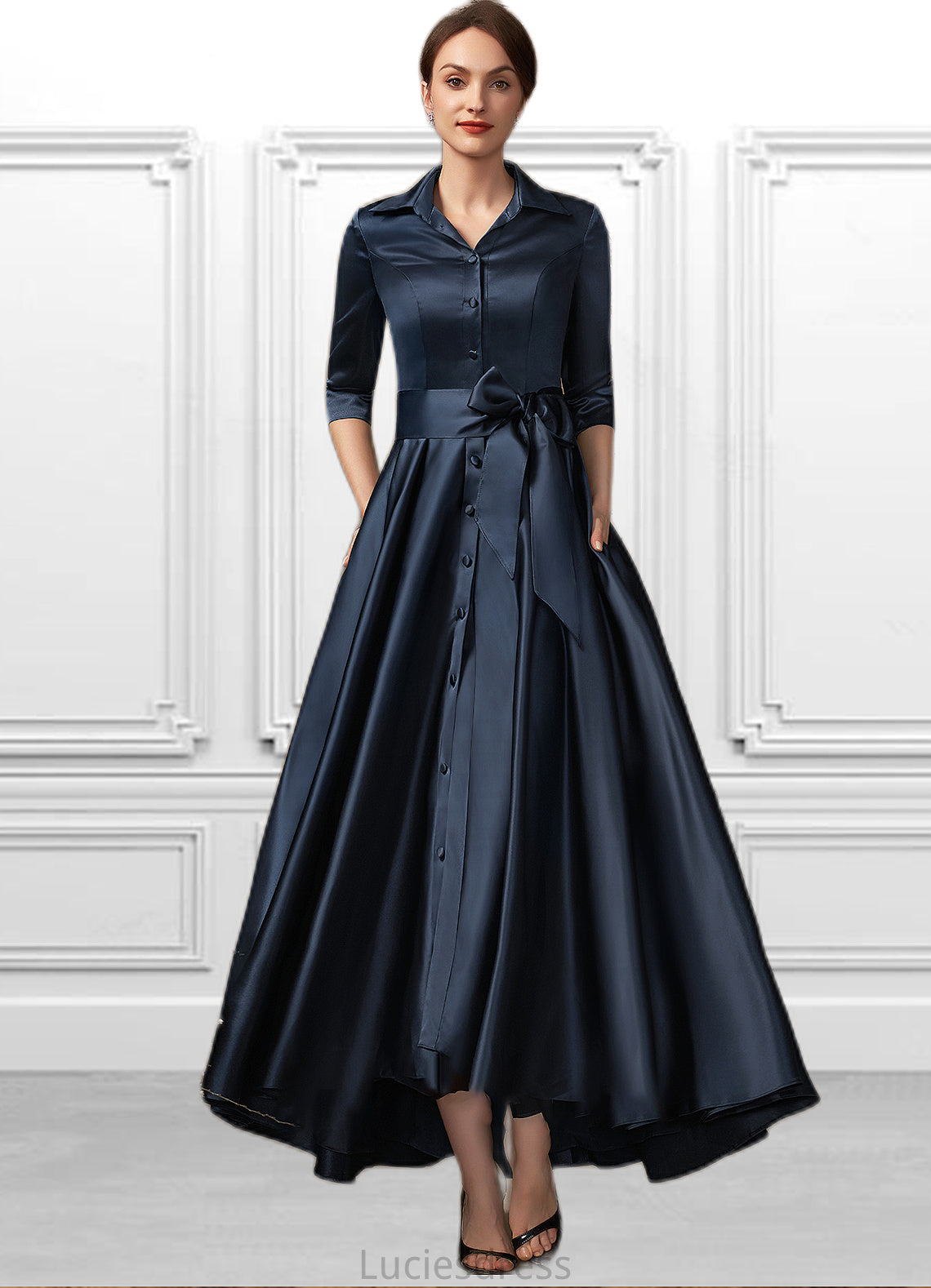 Lana A-Line V-neck Asymmetrical Satin Mother of the Bride Dress With Bow(s) Pockets HF126P0014879