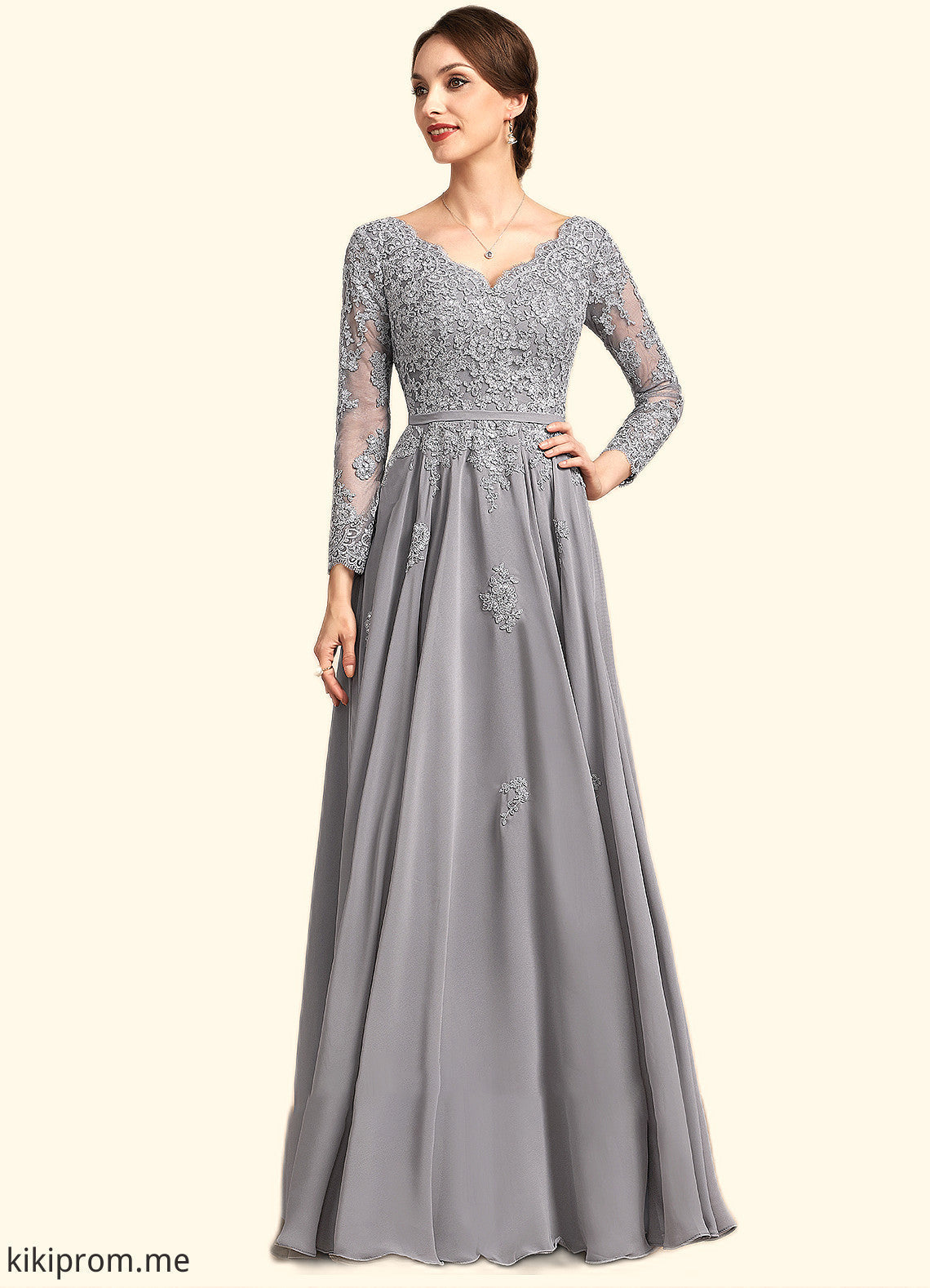 Guadalupe A-Line V-neck Floor-Length Chiffon Lace Mother of the Bride Dress STF126P0014881